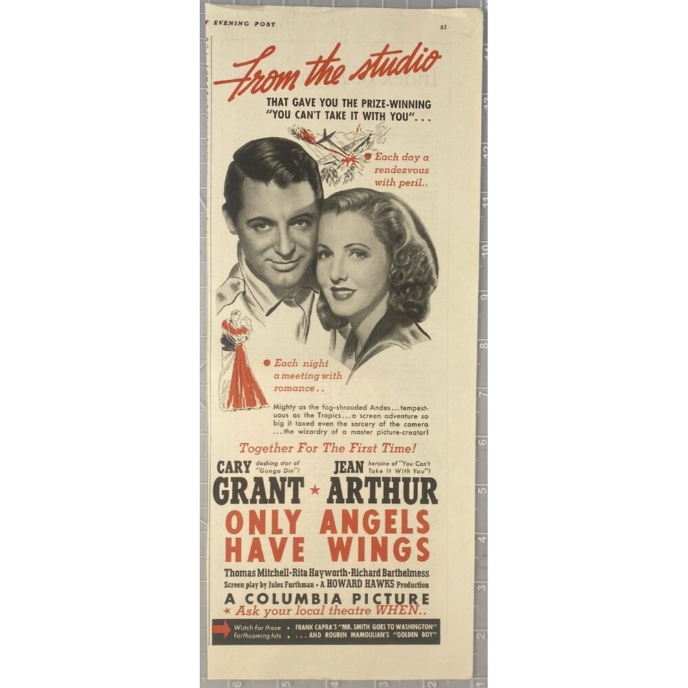 "Only Angels Have Wings" Movie Print Ad 1939 Cary Grant & Jean Arthur 11x13